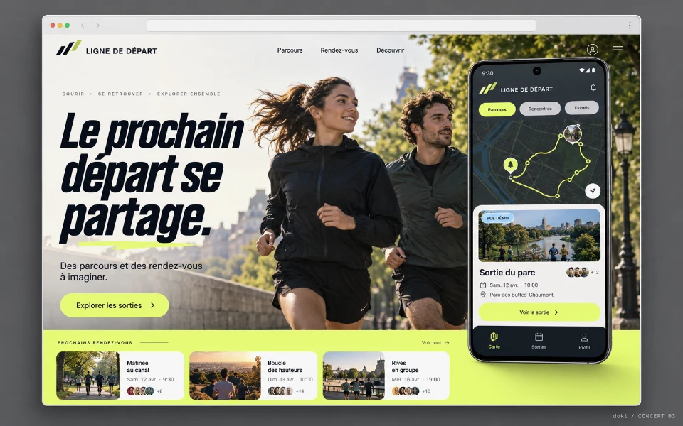 LIGNE DE DÉPART · Sitio web de aplicación Android de encuentros de running