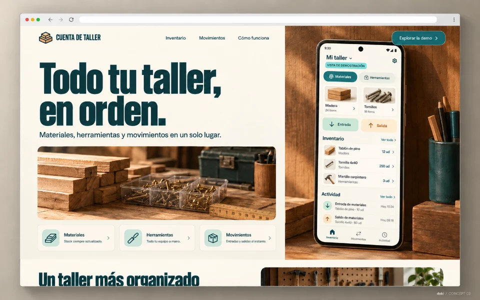 CUENTA DE TALLER · Sitio web de app Android de stock de taller