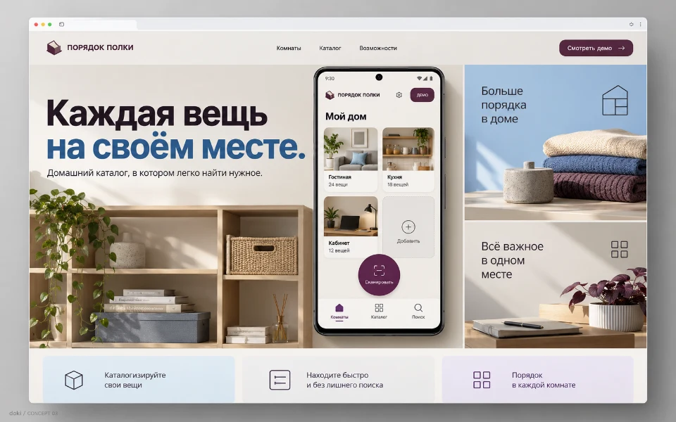 ПОРЯДОК ПОЛКИ · Sitio web de app Android de inventario doméstico