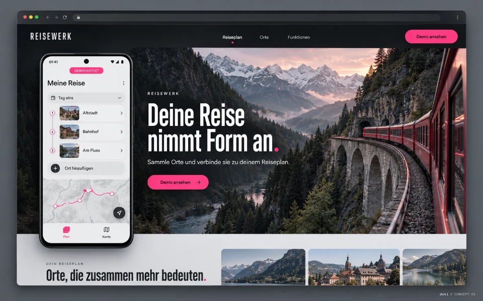 REISEWERK · Sitio web de app Android de planificador de viajes
