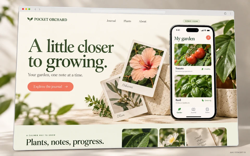 POCKET ORCHARD · Sitio web de aplicación iOS de diario de jardín