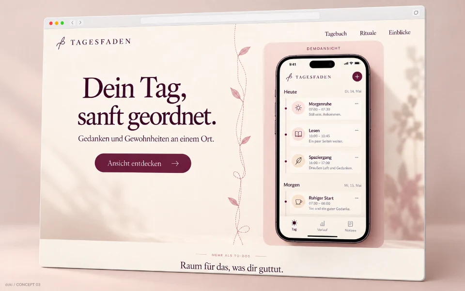 TAGESFADEN · Sitio web de aplicación iOS de diario y hábitos