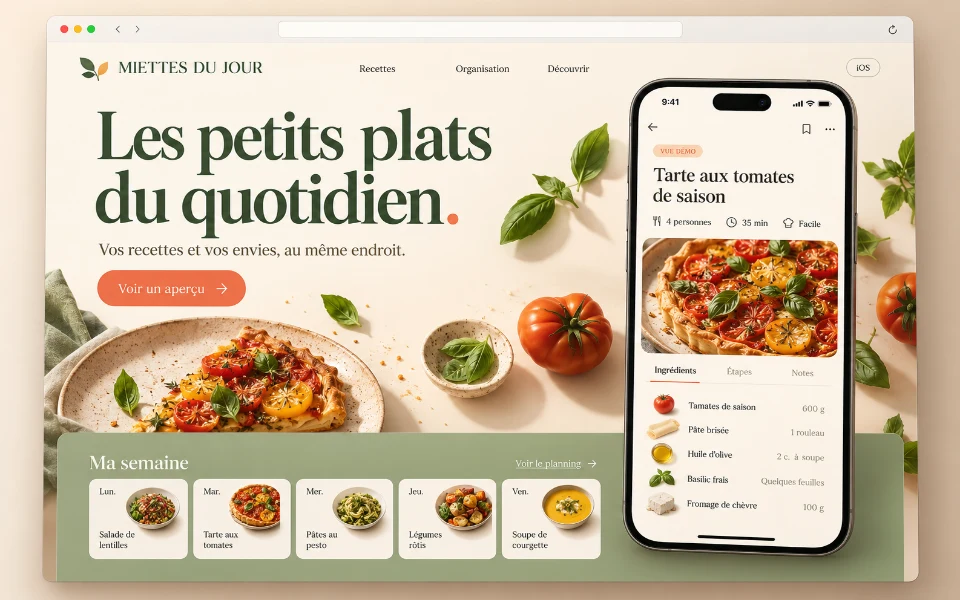 MIETTES DU JOUR · Sitio web de la app iOS de recetas y planificación de comidas
