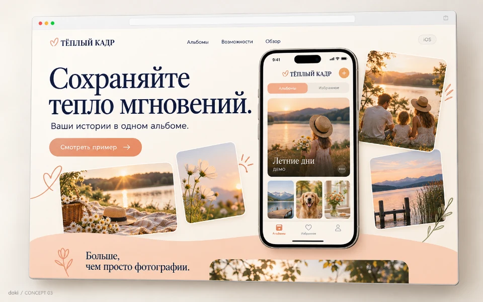 ТЁПЛЫЙ КАДР · Sitio web de aplicación iOS de álbum de recuerdos