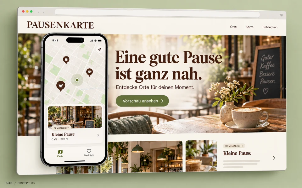 PAUSENKARTE · Sitio web de aplicación iOS de descubrimiento de cafeterías