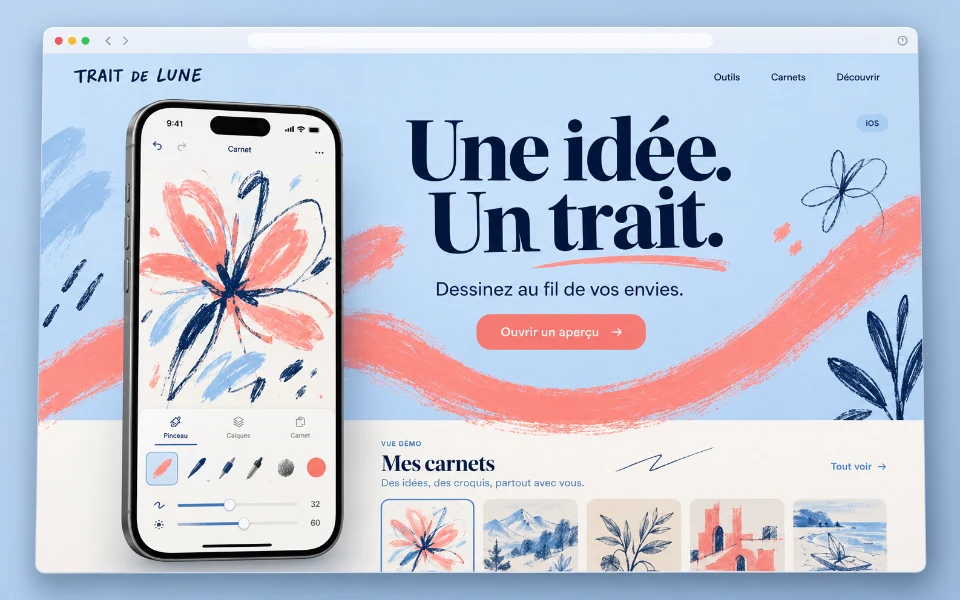 TRAIT DE LUNE · Sitio web de aplicación iOS de bocetos digitales