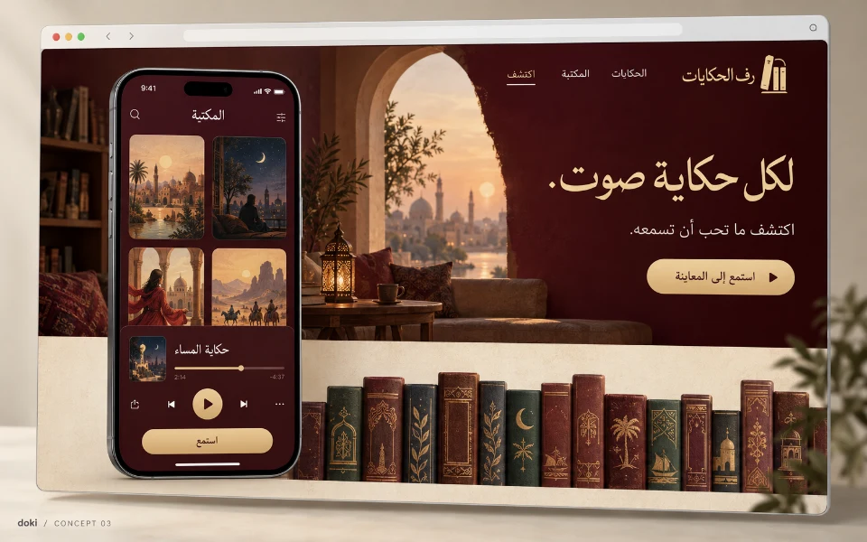رف الحكايات · Sitio web de la app iOS de audiolibros