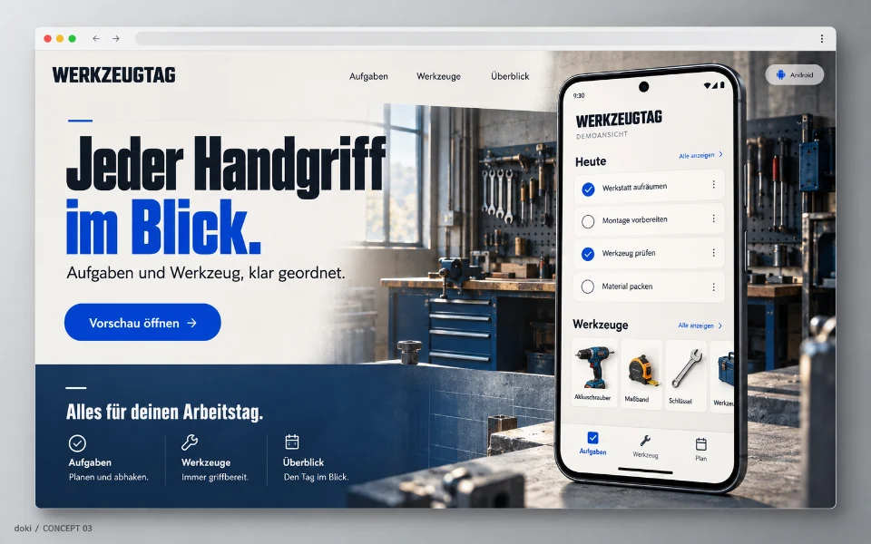 WERKZEUGTAG · Sitio web de la app Android de seguimiento de trabajos