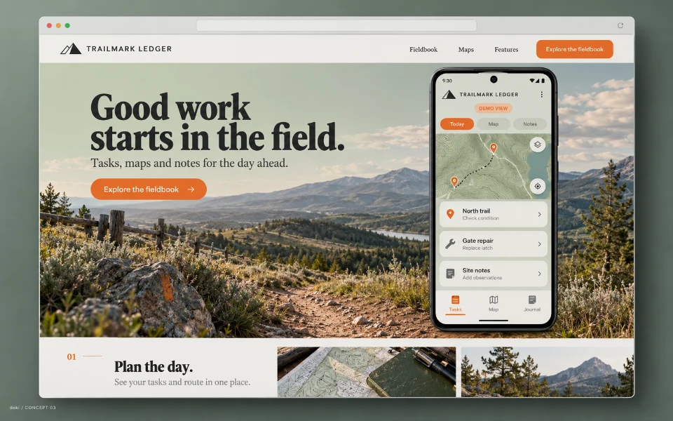 TRAILMARK LEDGER · Sitio web de aplicación Android de registro de equipo de campo